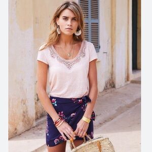 Sezane Loly Lace Short Sleeve Linen Tee Shirt Top